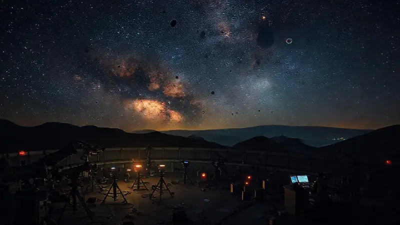 Cielo estrellado, telescopios y científicos curiosos