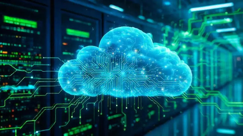 Nube digital con servidores y flujos de datos