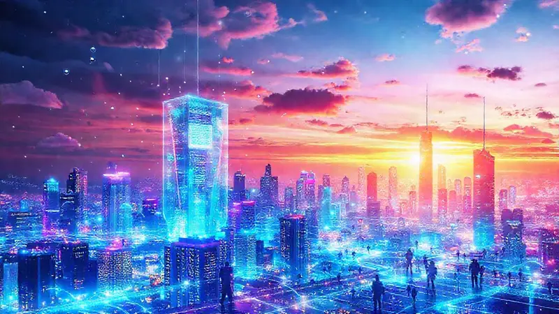Ciudad futurista con tecnología y colaboración vibrante