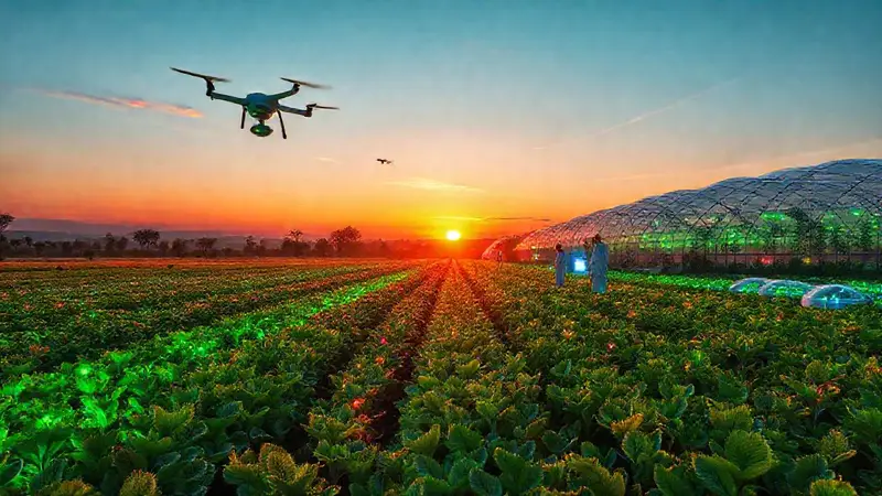 Futurista granja biotecnológica con drones y científicos