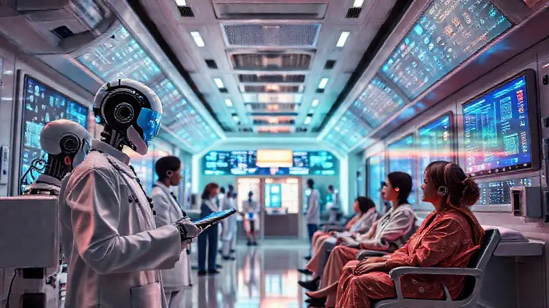 Hospital futurista con IA y humanos colaborando