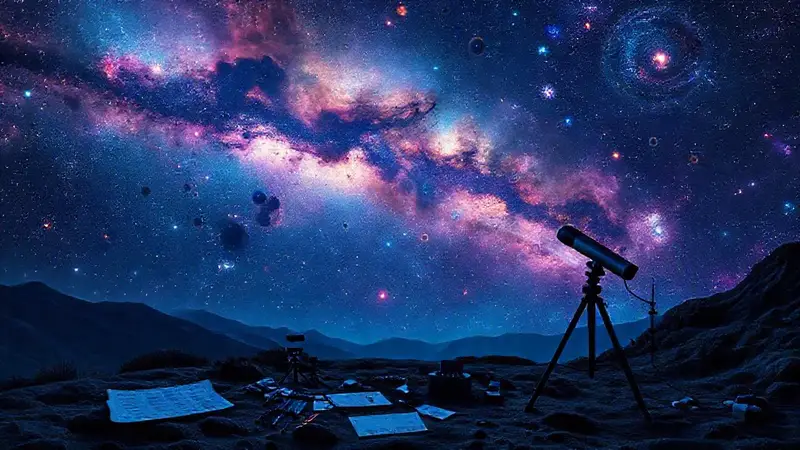 Paisaje celeste con estrellas y telescopios