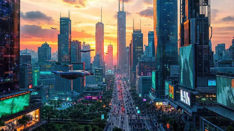 Ciudad futurista vibrante con coches voladores