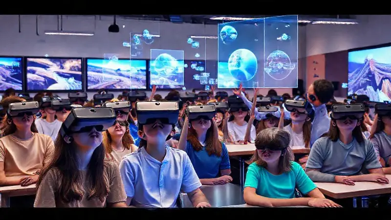 Aula futurista con estudiantes y tecnología inmersiva