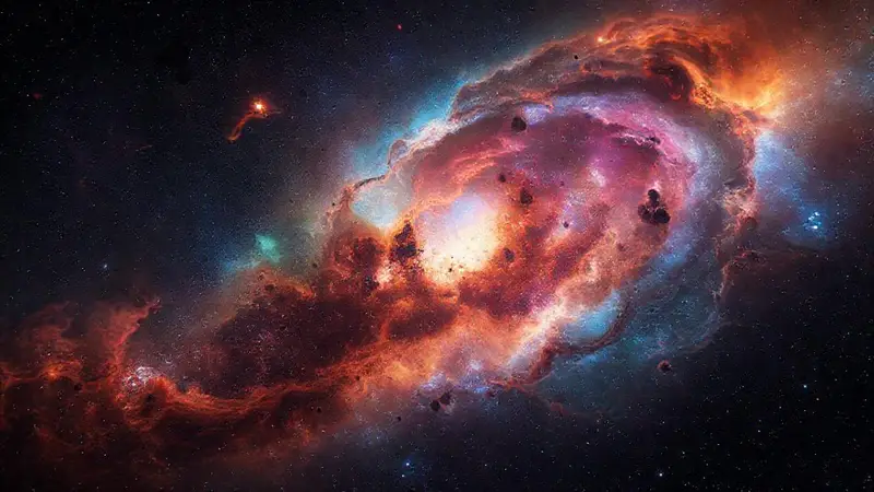 Galaxia colorida con naves y estrellas brillantes