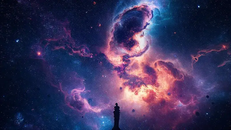Universo vasto y estrellado con contemplación filosófica