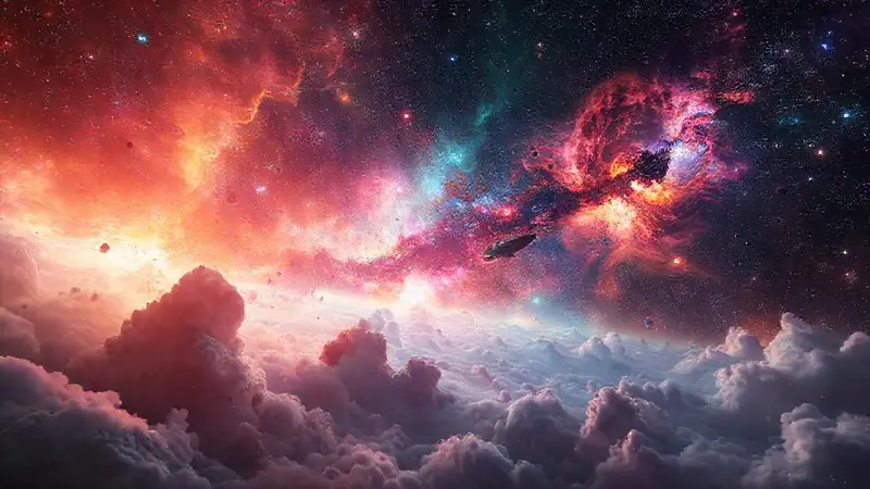 Galaxia deslumbrante con estrellas y naves espaciales