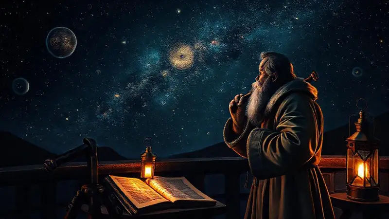 Galileo observa estrellas con un telescopio antiguo