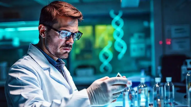 Científico analiza ADN en laboratorio moderno