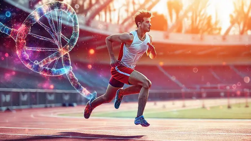 Atleta corriendo con elementos científicos coloridos