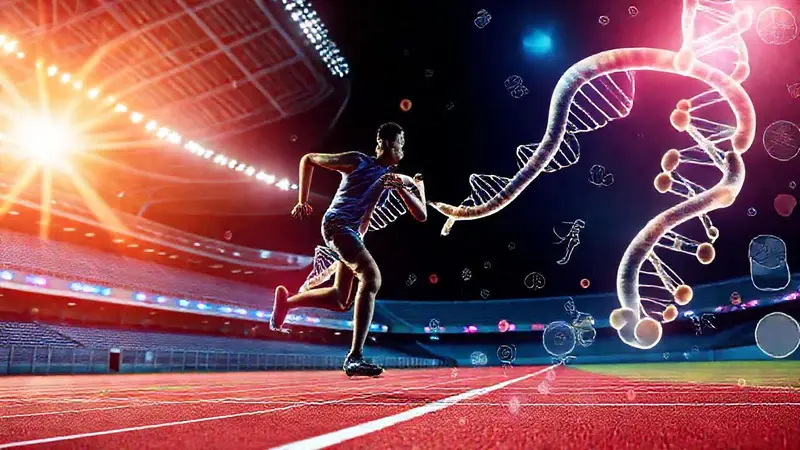 Atleta corriendo con elementos científicos y deportivos