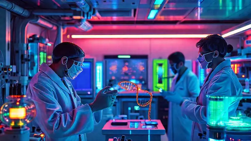 Laboratorio futurista con científicos y tecnología CRISPR