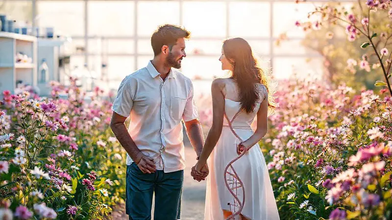 Pareja en jardín simboliza unión entre ciencia y naturaleza