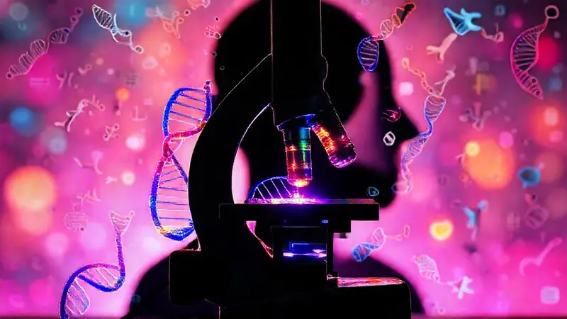 Microscopio rodeado de ADN y evolución