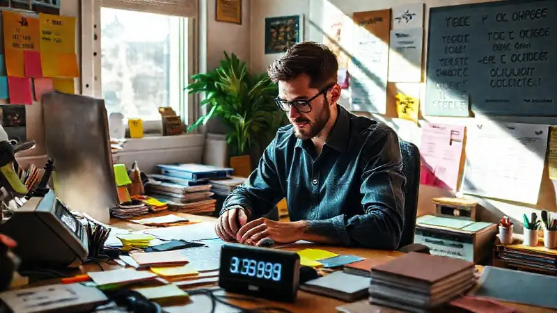 Persona concentrada en un escritorio desordenado