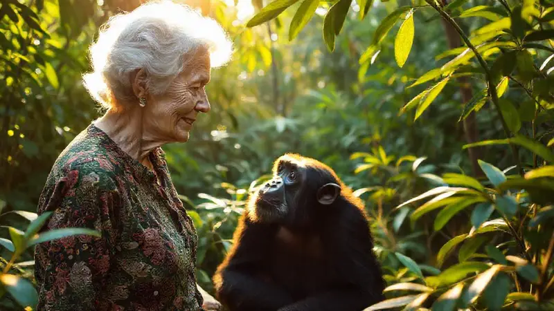 Jane Goodall observa chimpancés en la selva