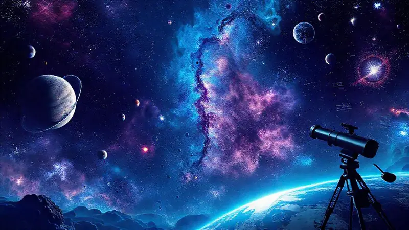 Paisaje cósmico con planetas y galaxias