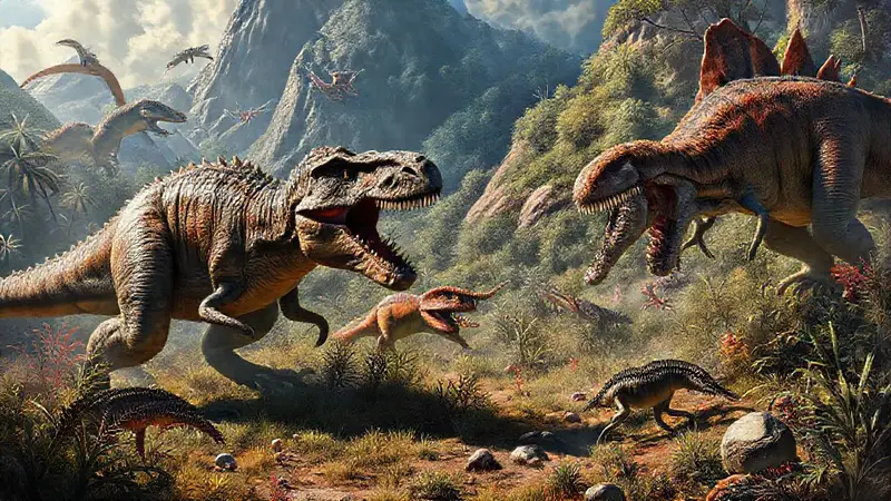 Dinosaurios cazando en un paisaje prehistórico vibrante