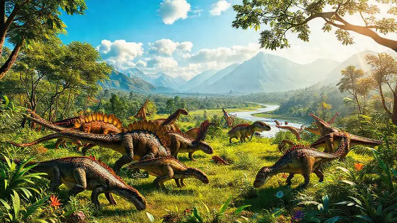 Dinosaurios en un paisaje prehistórico exuberante