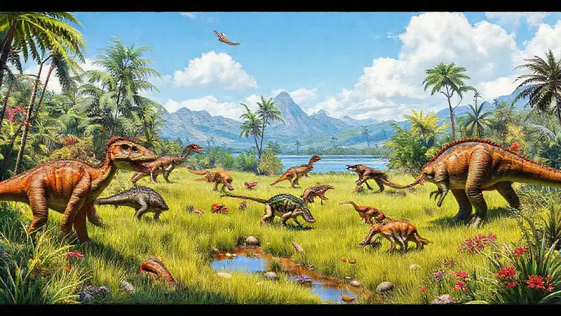 Dinosaurios comen en un paisaje prehistórico vibrante