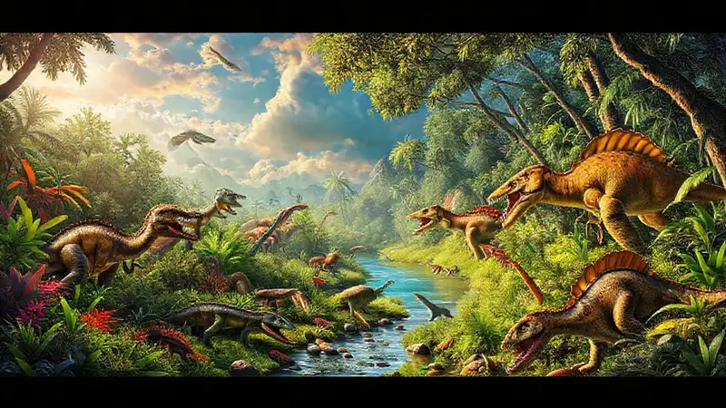 Dinosaurios comiendo en un paisaje prehistórico