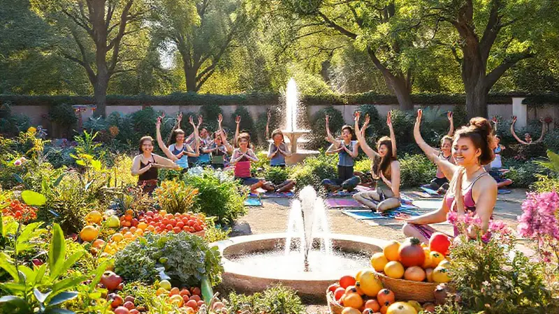 Jardín vibrante con gente feliz y yoga