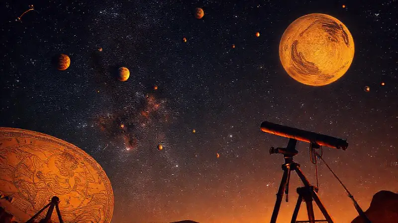 Noche estrellada y telescopios antiguos explorando el cosmos