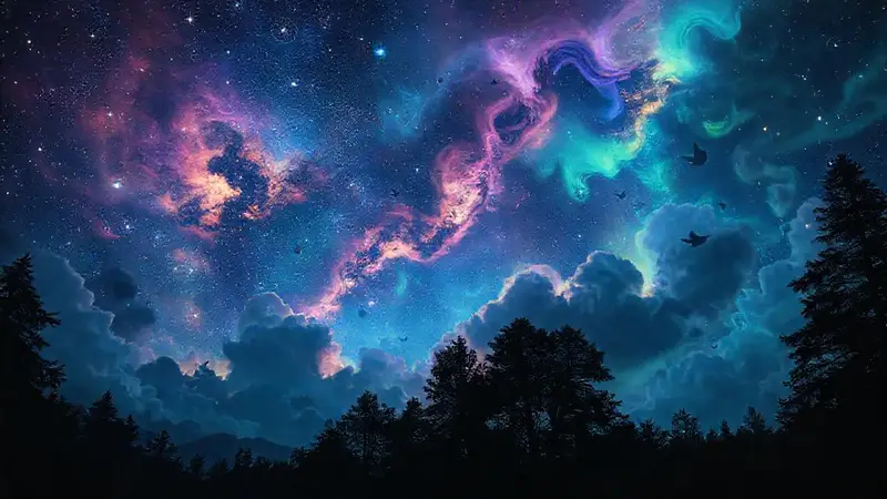 Noche mágica con estrellas y criaturas míticas
