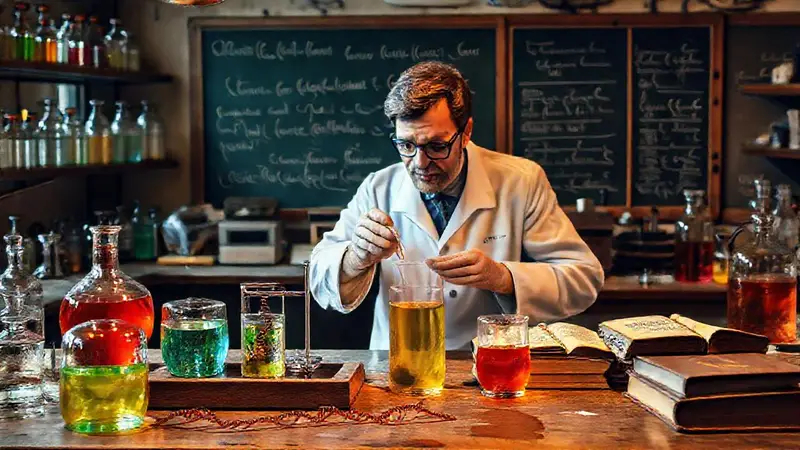 Científico en laboratorio vintage con experimentos