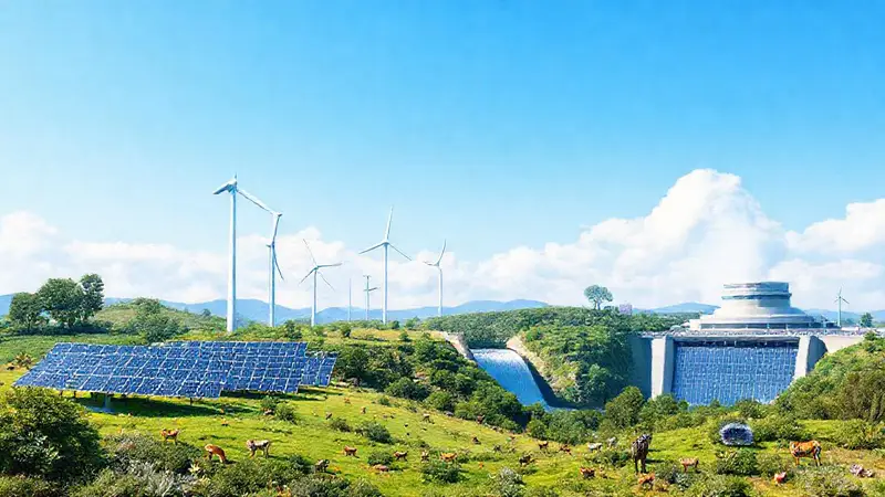 Paisaje diverso con energías renovables y naturaleza