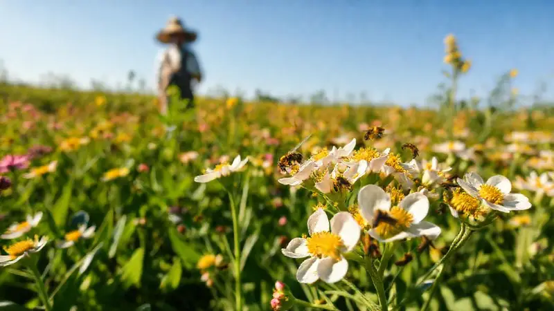 Campo de flores, abejas y un agricultor