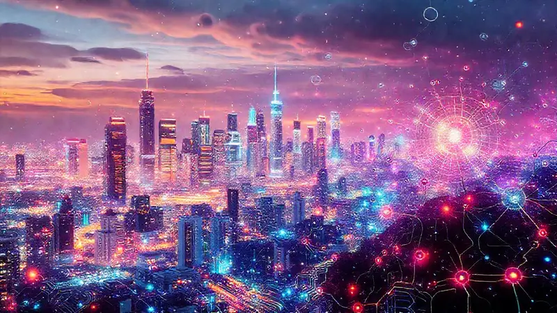 Ciudad futurista con tecnología y naturaleza integrada