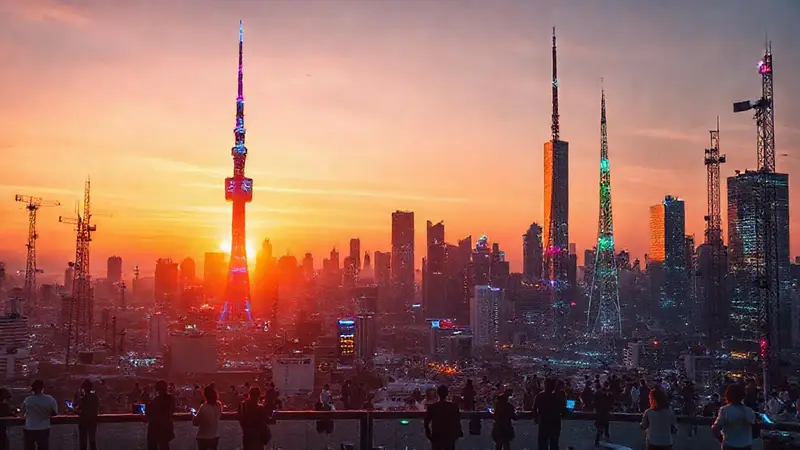 Ciudad moderna con tecnología y diversidad vibrante