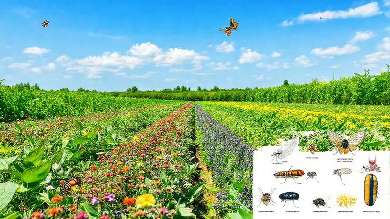 Campo vibrante con cultivos y diversidad ecológica