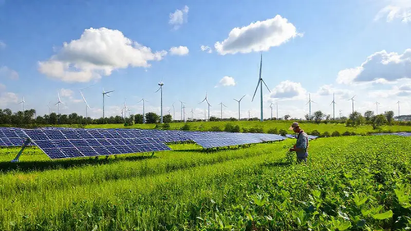 Granja solar y eólica en campo verde