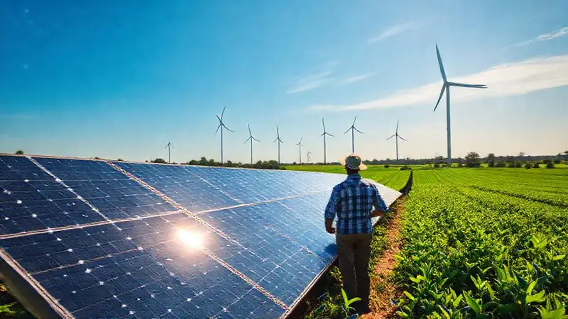 Granja sostenible con energía solar y eólica