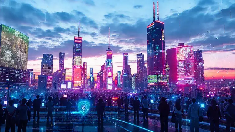 Ciudad futurista vibrante con tecnología y urgencia