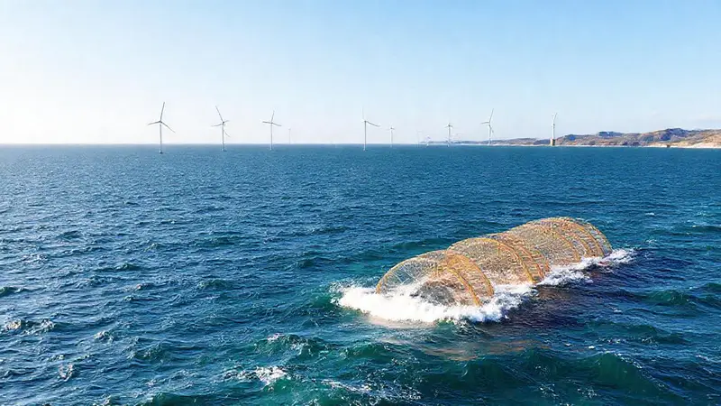 Paisaje costero con tecnología sostenible y energía