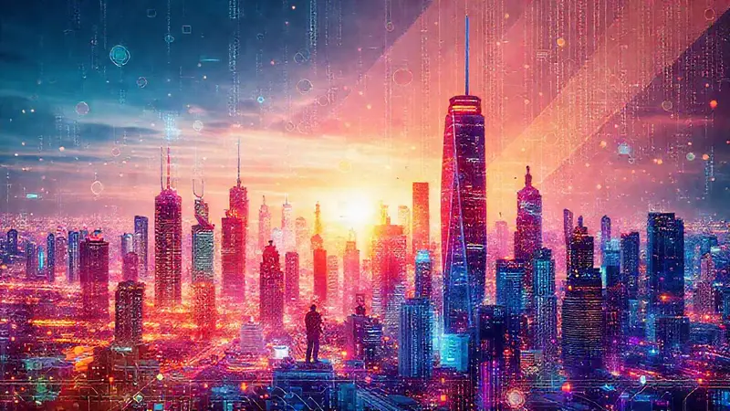 Ciudad futurista con ingenieros y tecnología vibrante