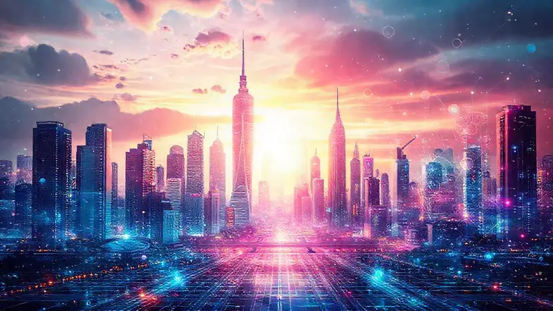 Ciudad futurista con tecnología y naturaleza integradas