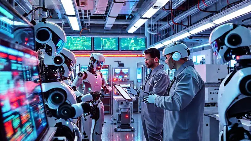 Laboratorio futurista con robots y tecnología innovadora