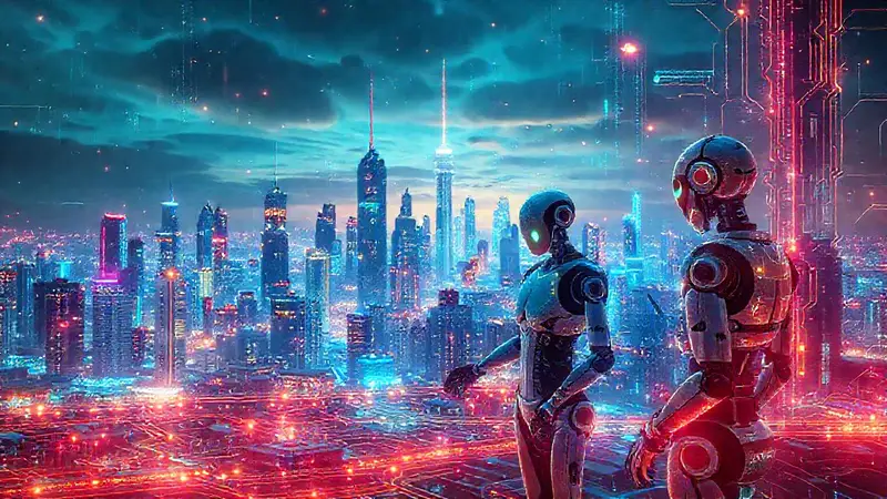 Ciudad futurista con tecnología y naturaleza