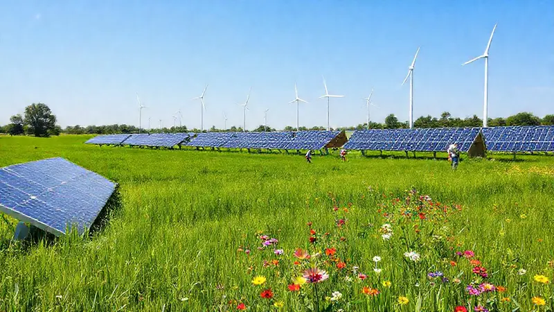 Campo verde con paneles solares y turbinas