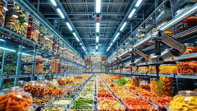 Almacén futurista con alimentos y tecnología sostenible