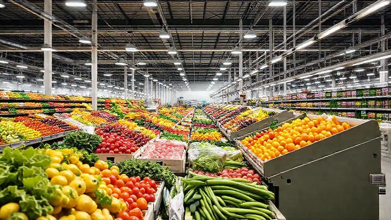 Almacén moderno con frutas y verduras frescas