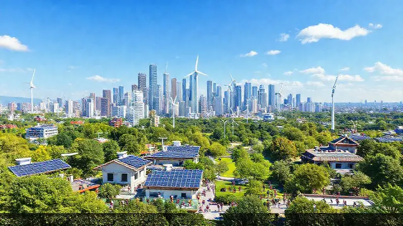 Ciudad futurista con energía limpia y armonía