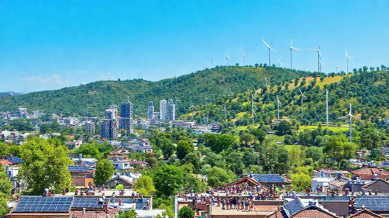 Ciudad futurista con energía limpia y naturaleza
