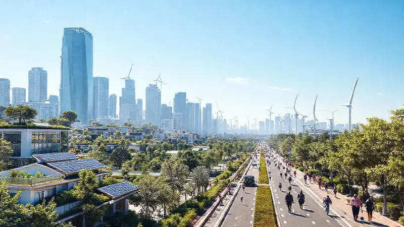 Ciudad futurista que integra naturaleza y tecnología