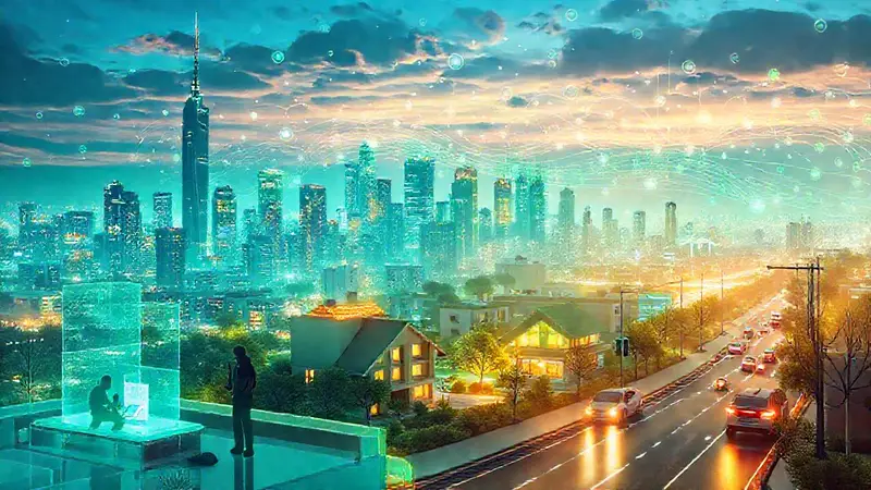 Ciudad futurista con tecnología y naturaleza integradas