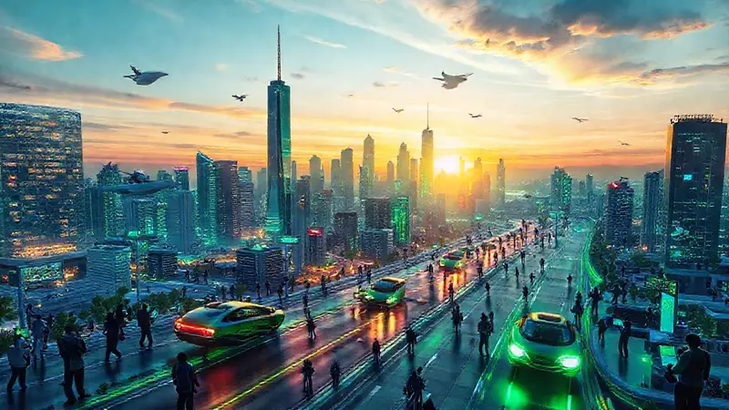 Ciudad futurista con coches voladores y diversidad